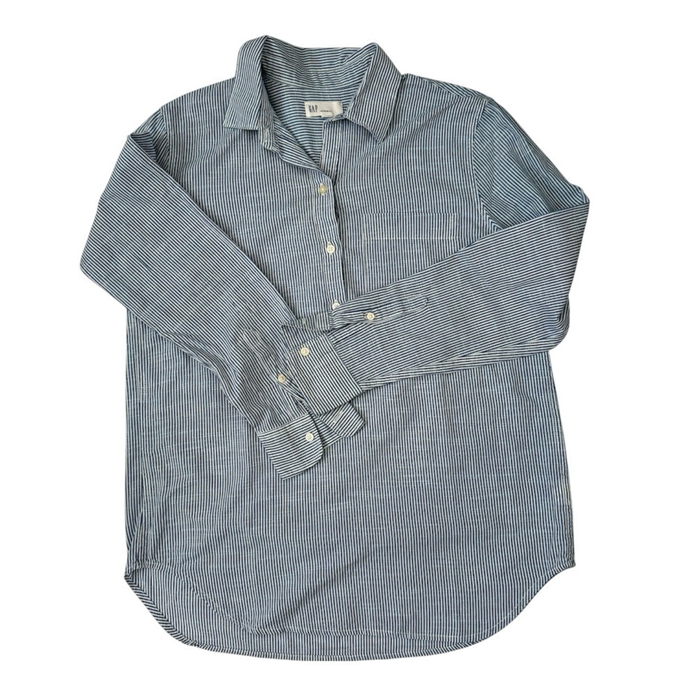 GAP Boyfriend Stripe Cotton Popover Shirt Blue White Small - Picture 2 of 8